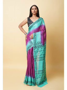 Unnati Silks - Purple Pure Dyed Hand Block Printed Soft Cotton Saree with Unstitched Blouse