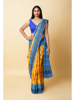 Unnati Silks - Yellow Pure Dyed Hand Block Printed Soft Cotton Saree with Unstitched Blouse