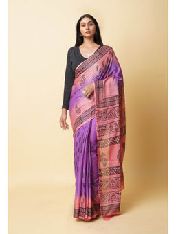 Unnati Silks - Purple Pure Dyed Hand Block Printed Soft Cotton Saree with Unstitched Blouse