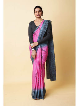 Unnati Silks - Pink Pure Dyed Hand Block Printed Soft Cotton Saree with Unstitched Blouse