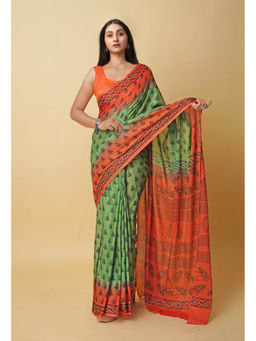 Unnati Silks - Green Pure Dyed Hand Block Printed Soft Cotton Saree with Unstitched Blouse