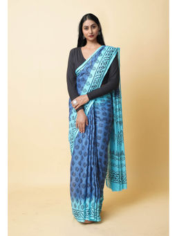 Unnati Silks - Blue Hand Block Printed Soft Cotton Saree with Unstitched Blouse