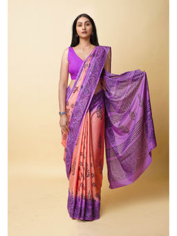 Unnati Silks - Coral Red Pure Dyed Hand Block Printed Soft Cotton Saree with Unstitched Blouse