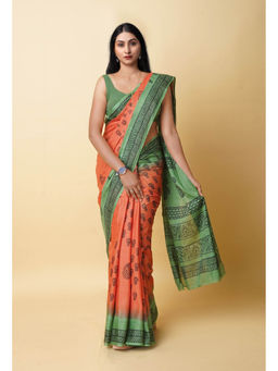 Unnati Silks - Orange Pure Dyed Hand Block Printed Soft Cotton Saree with Unstitched Blouse