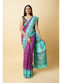 Unnati Silks - Purple Pure Dyed Hand Block Printed Soft Cotton Saree with Unstitched Blouse