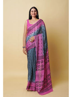 Unnati Silks - Grey Pure Dyed Hand Block Printed Soft Cotton Saree with Unstitched Blouse