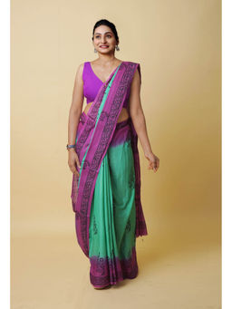 Unnati Silks - Turquoise Pure Dyed Hand Block Printed Soft Cotton Saree with Unstitched Blouse
