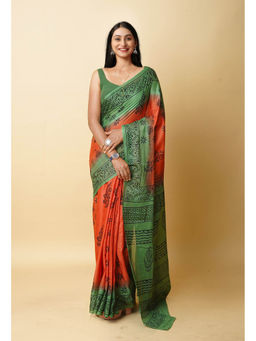 Unnati Silks - Orange Pure Dyed Hand Block Printed Soft Cotton Saree with Unstitched Blouse