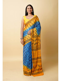Unnati Silks - Blue Pure Dyed Hand Block Printed Soft Cotton Saree with Unstitched Blouse