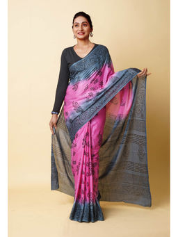 Unnati Silks - Pink Pure Dyed Hand Block Printed Soft Cotton Saree with Unstitched Blouse