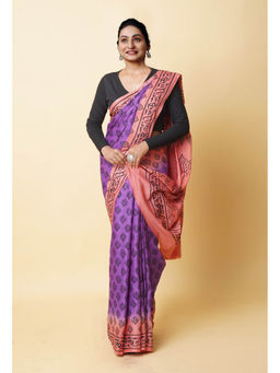 Unnati Silks - Purple Pure Dyed Hand Block Printed Soft Cotton Saree with Unstitched Blouse