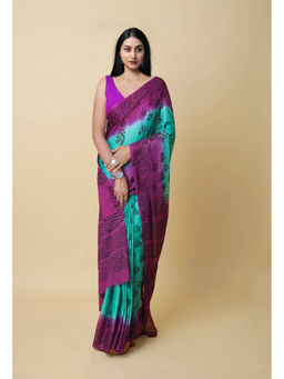 Unnati Silks - Turquoise Pure Dyed Hand Block Printed Soft Cotton Saree with Unstitched Blouse