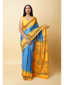 Unnati Silks - Blue Pure Dyed Hand Block Printed Soft Cotton Saree with Unstitched Blouse