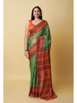 Unnati Silks - Green Pure Dyed Hand Block Printed Soft Cotton Saree with Unstitched Blouse