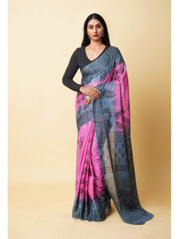 Unnati Silks - Pink Pure Dyed Hand Block Printed Soft Cotton Saree with Unstitched Blouse