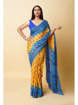 Unnati Silks - Yellow Pure Dyed Hand Block Printed Soft Cotton Saree with Unstitched Blouse