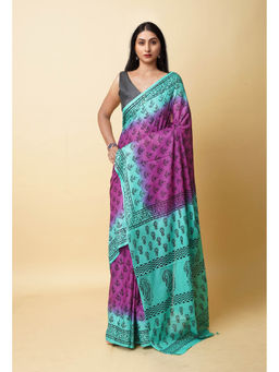 Unnati Silks - Purple Pure Dyed Hand Block Printed Soft Cotton Saree with Unstitched Blouse