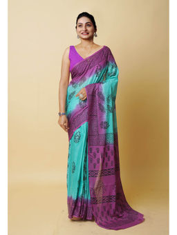 Unnati Silks - Turquoise Pure Dyed Hand Block Printed Soft Cotton Saree with Unstitched Blouse