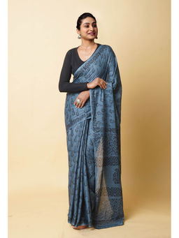 Unnati Silks - Grey Hand Block Printed Soft Cotton Saree with Unstitched Blouse