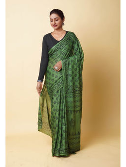 Unnati Silks - Green Hand Block Printed Soft Cotton Saree with Unstitched Blouse