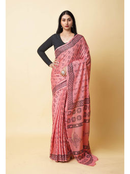 Unnati Silks - Coral Red Hand Block Printed Soft Cotton Saree with Unstitched Blouse