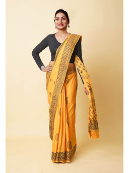 Unnati Silks - Mustard Hand Block Printed Soft Cotton Saree with Unstitched Blouse