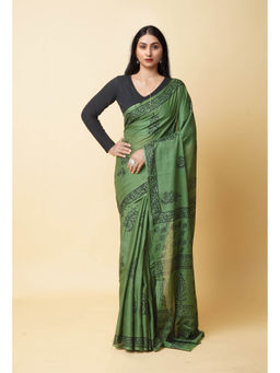 Unnati Silks - Green Hand Block Printed Soft Cotton Saree with Unstitched Blouse