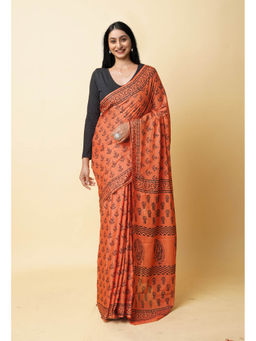 Unnati Silks - Orange Hand Block Printed Soft Cotton Saree with Unstitched Blouse