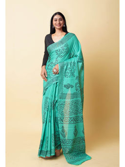 Unnati Silks - Turquoise Hand Block Printed Soft Cotton Saree with Unstitched Blouse
