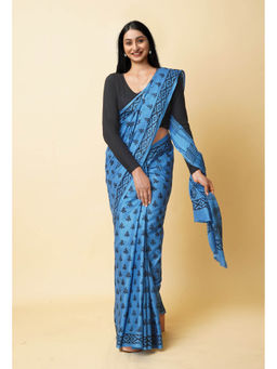 Unnati Silks - Blue Hand Block Printed Soft Cotton Saree with Unstitched Blouse