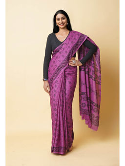 Unnati Silks - Purple Hand Block Printed Soft Cotton Saree with Unstitched Blouse