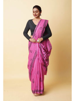 Unnati Silks - Pink Hand Block Printed Soft Cotton Saree with Unstitched Blouse