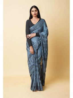 Unnati Silks - Grey Hand Block Printed Soft Cotton Saree with Unstitched Blouse