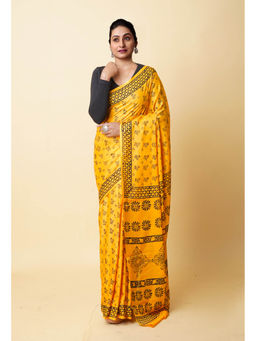 Unnati Silks - Mustard Hand Block Printed Soft Cotton Saree with Unstitched Blouse