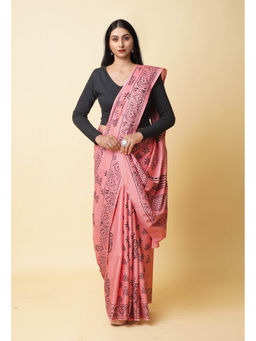 Unnati Silks - Coral Red Hand Block Printed Soft Cotton Saree with Unstitched Blouse