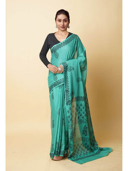 Unnati Silks - Turquoise Hand Block Printed Soft Cotton Saree with Unstitched Blouse