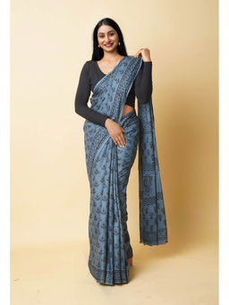 Unnati Silks - Grey Hand Block Printed Soft Cotton Saree with Unstitched Blouse