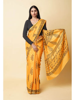 Unnati Silks - Mustard Hand Block Printed Soft Cotton Saree with Unstitched Blouse