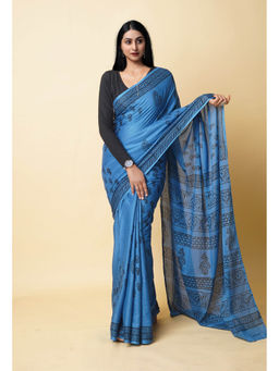 Unnati Silks - Blue Hand Block Printed Soft Cotton Saree with Unstitched Blouse