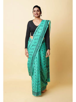 Unnati Silks - Green Hand Block Printed Soft Cotton Saree with Unstitched Blouse