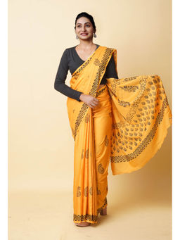 Unnati Silks - Mustard Hand Block Printed Soft Cotton Saree with Unstitched Blouse