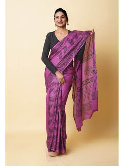 Unnati Silks - Purple Hand Block Printed Soft Cotton Saree with Unstitched Blouse