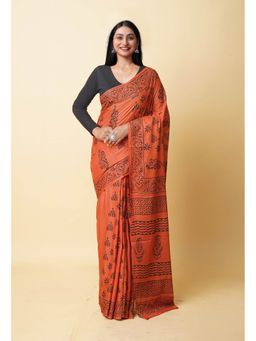 Unnati Silks - Orange Hand Block Printed Soft Cotton Saree with Unstitched Blouse