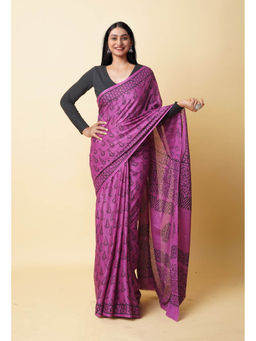Unnati Silks - Purple Hand Block Printed Soft Cotton Saree with Unstitched Blouse