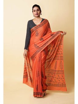 Unnati Silks - Orange Hand Block Printed Soft Cotton Saree with Unstitched Blouse