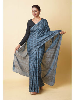 Unnati Silks - Grey Hand Block Printed Soft Cotton Saree with Unstitched Blouse