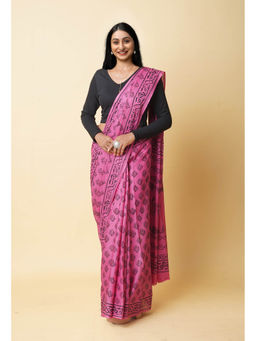 Unnati Silks - Pink Hand Block Printed Soft Cotton Saree with Unstitched Blouse