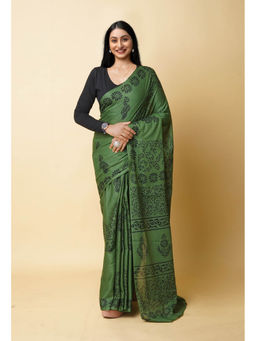 Unnati Silks - Green Hand Block Printed Soft Cotton Saree with Unstitched Blouse