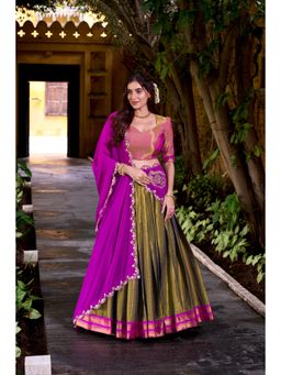 JATRIQQ - Mehendi South Style Kanchipuram Silk Lehenga with Unstitched Blouse and Dupatta