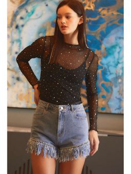 Errabelly - Black Rhinestone Sheer Mesh Slim Fit Long Sleeve Top